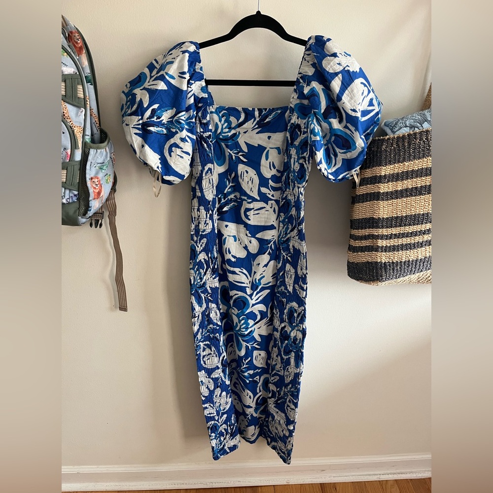 NWT Cleobella Zora Puff Sleeve Midi Dress in Azure Print Blue Size S - Picture 4 of 11